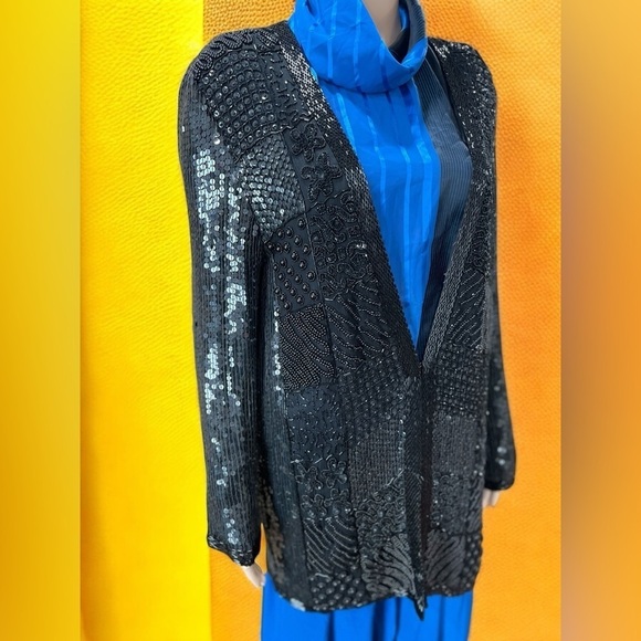 Vintage Nite Line Black Silk sequin beaded open front trench jacket women's L - Picture 3 of 10